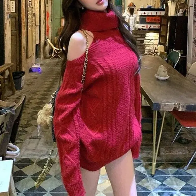 

Women's Clothing Off Shoulder Loose Sweaters Solid Color Autumn Winter New Turtleneck Aura Long Sleeve Elegant Knitted Pullovers