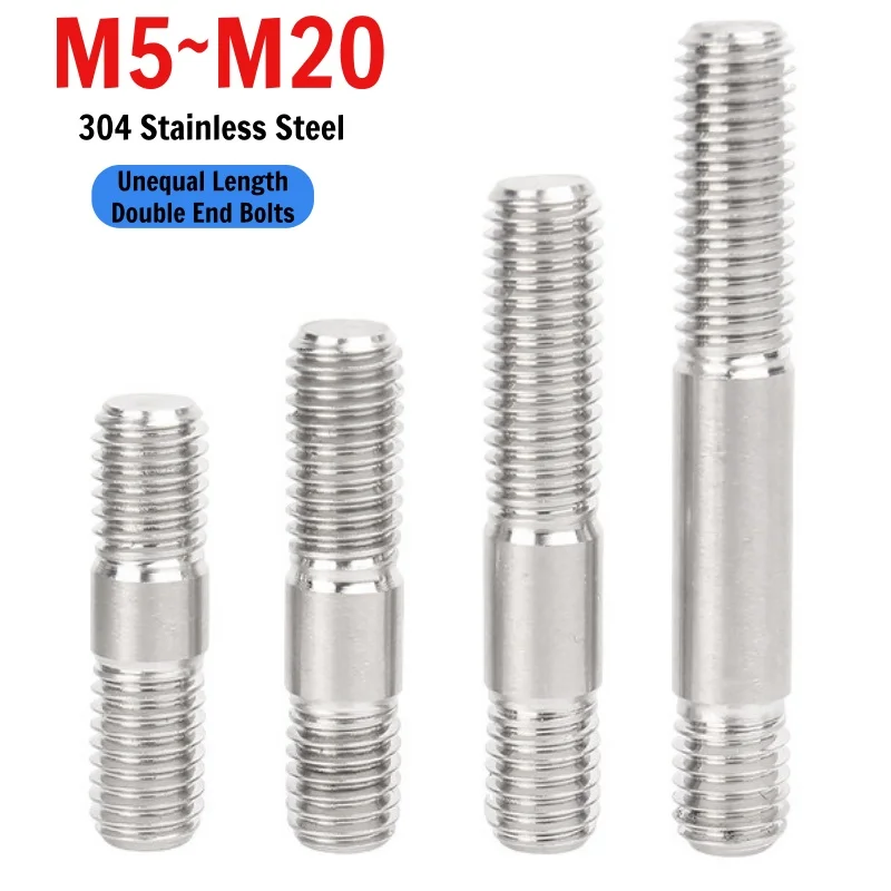 304 Stainless Steel Dual Head Thread Bar M5 M6 M8 M10 M12 M14 M16 M18 M20 Unequal Length Double End Bolts Thread Rod Stud Bolt