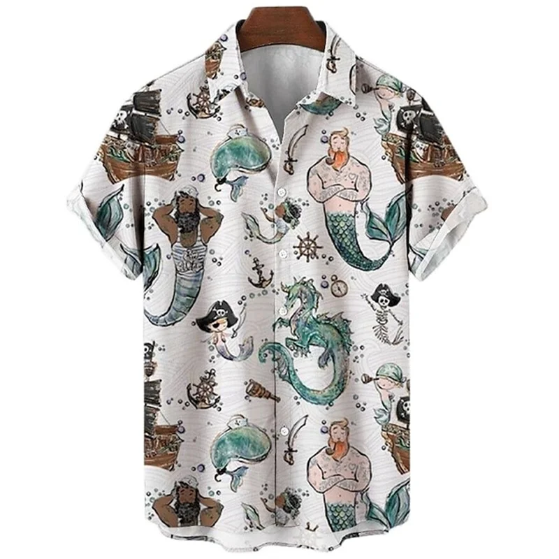 Mermaid Retro Printed Shirts Men\'s European And American Pattern Shirts Summer Casual Short Sleeved Shirt Hawaiian Button Shirts