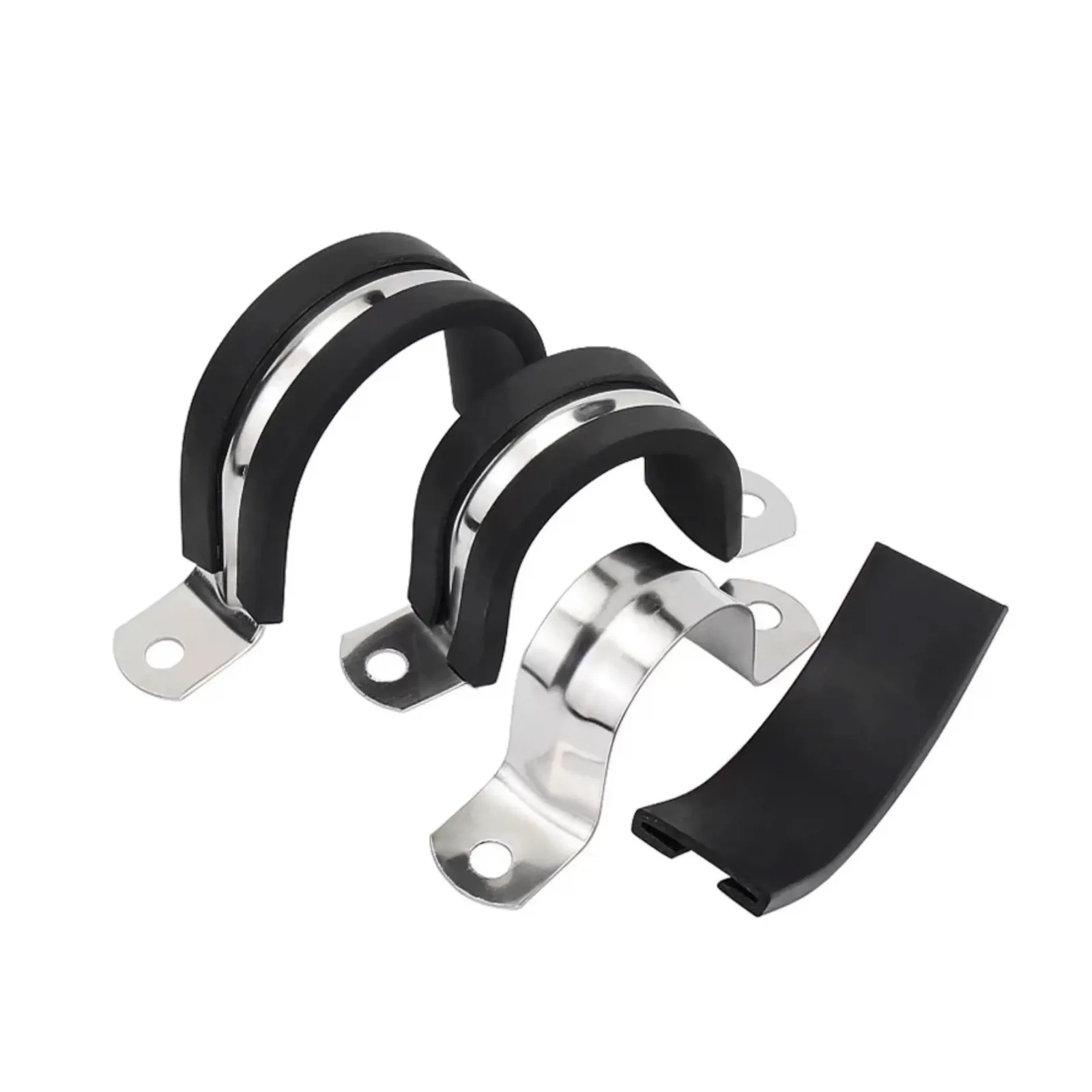 1/10pcs Φ6~200mm 304 Stainless Steel U-Type Rubber Strip Saddle Clamp, Pipe Clip for Steel Tube & Cable, Hose Hoop Fastener