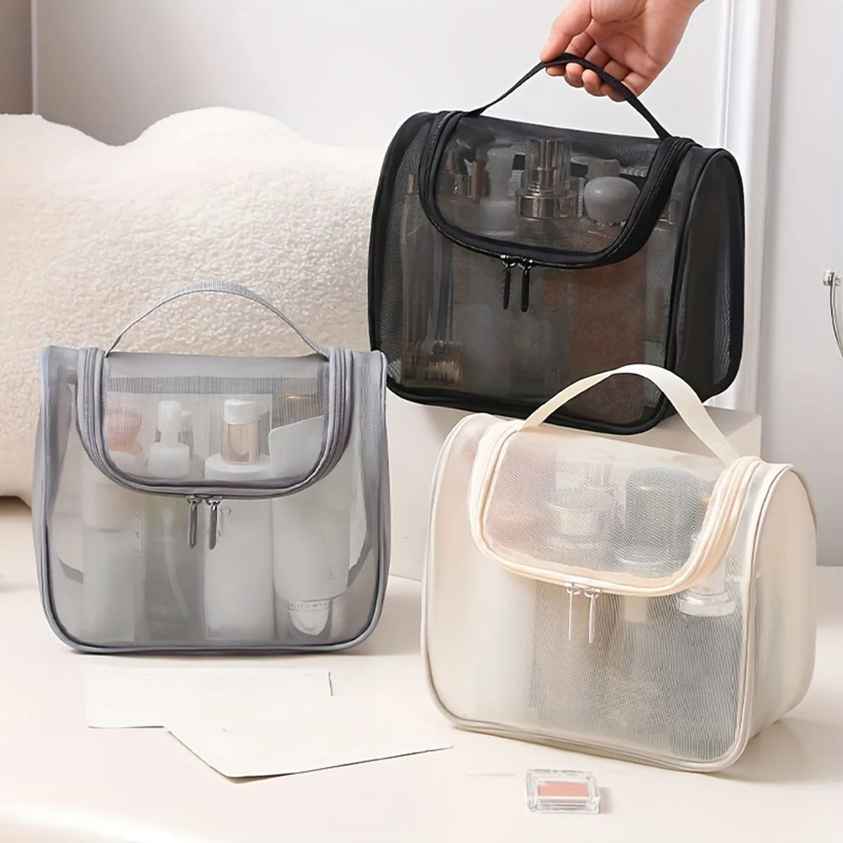 Bolsa de Higiene Pessoal Multifuncional Feminina em Nylon Curvado, Bolsa de Maquiagem Portátil de Grande Capacidade para Armazenamento de Cosméticos