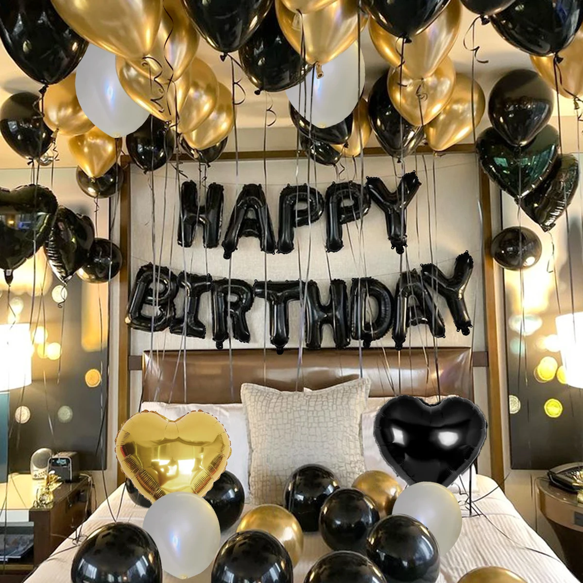 42-częściowy zestaw czarno-złotych balonów urodzinowych z literami, balony w kształcie serca, przyjęcie urodzinowe, dekoracje sceny imprezowej HappyBirthday