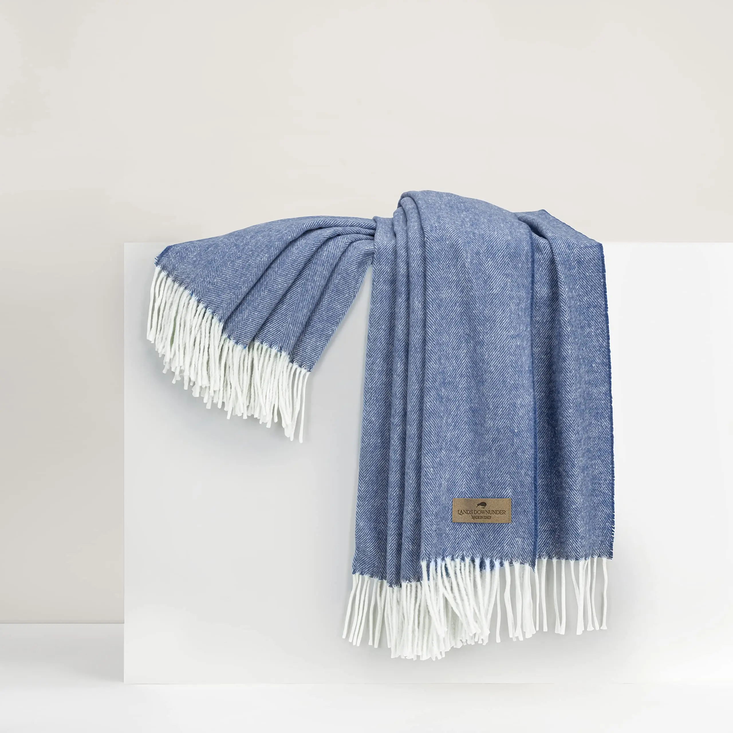 All-Season, Azure Luxury Herringbone Throw – Soft Woven Throw with Decorative Fringe – Made in Italy – 51”W x 67”L