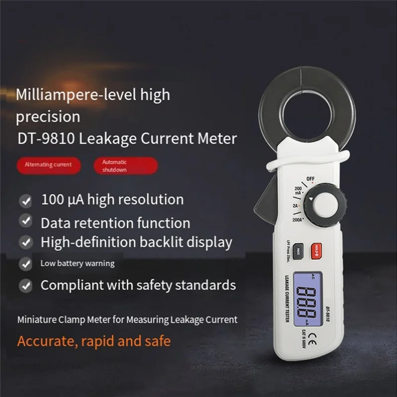 

RALCA-DT-9810 Мини-измерительные клещи переменного тока, электрический детектор неисправностей, разрешение 0,1 мА, тестер тока утечки, автоматический диапазон
