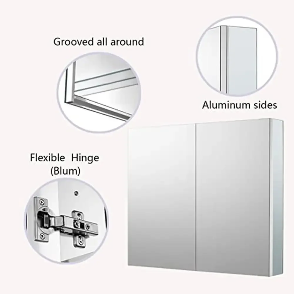 Botiquín de baño de aluminio con puerta de espejo, 30 "× 27,5", ahorro de espacio de almacenamiento, estantes ajustables, fácil instalación, cierre automático