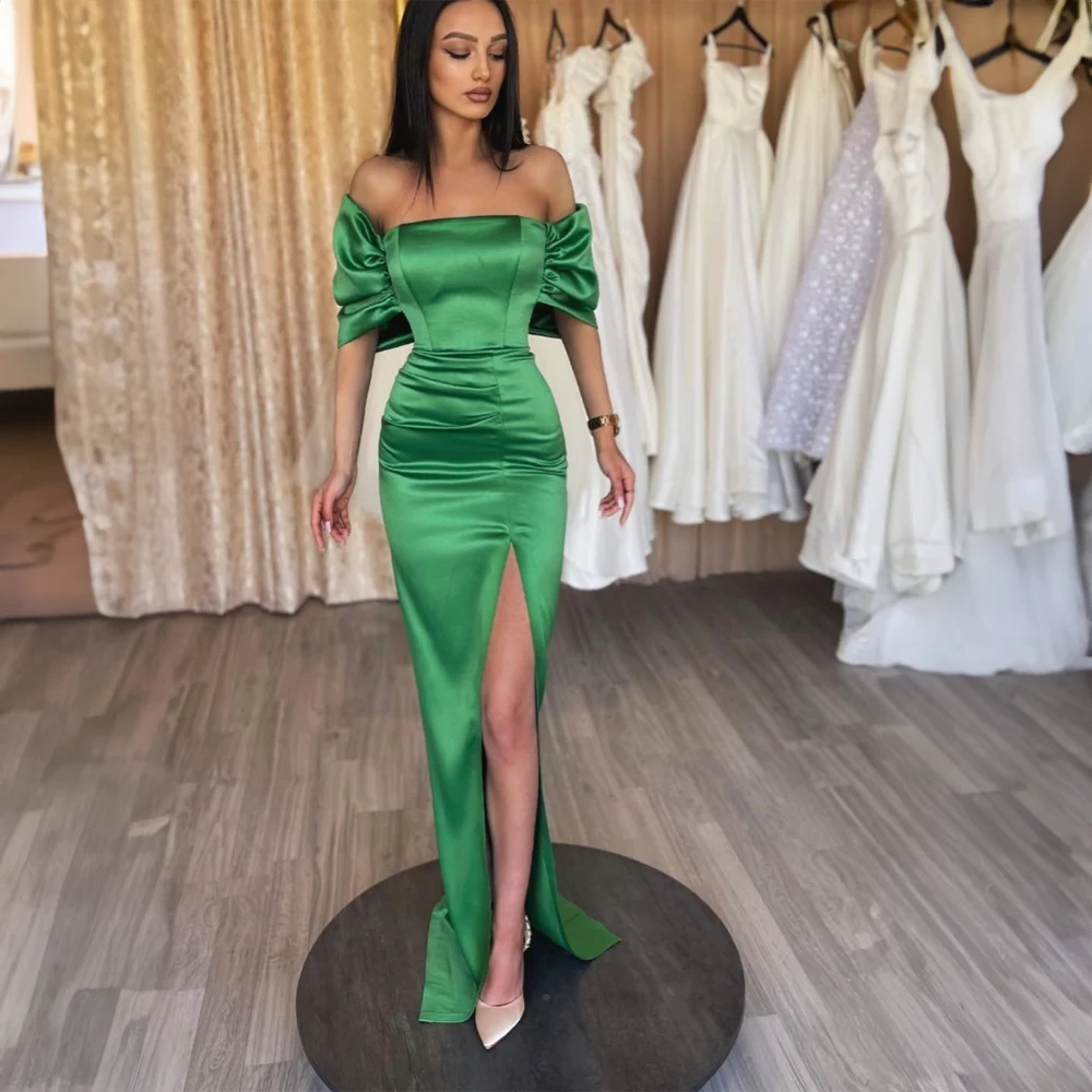 

Modest Boat Collar Satin Evening Dresses for Women Pleated Side Split Sexy Mermaid Court Formal Prom Party Gown فساتين السهرة
