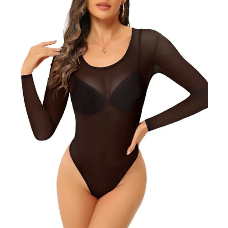 

ZNVGIRL Womens Mesh Bodysuit Long Sleeve Top Crew Neck Sheer T Shirt Body Suit Leotard Blouse