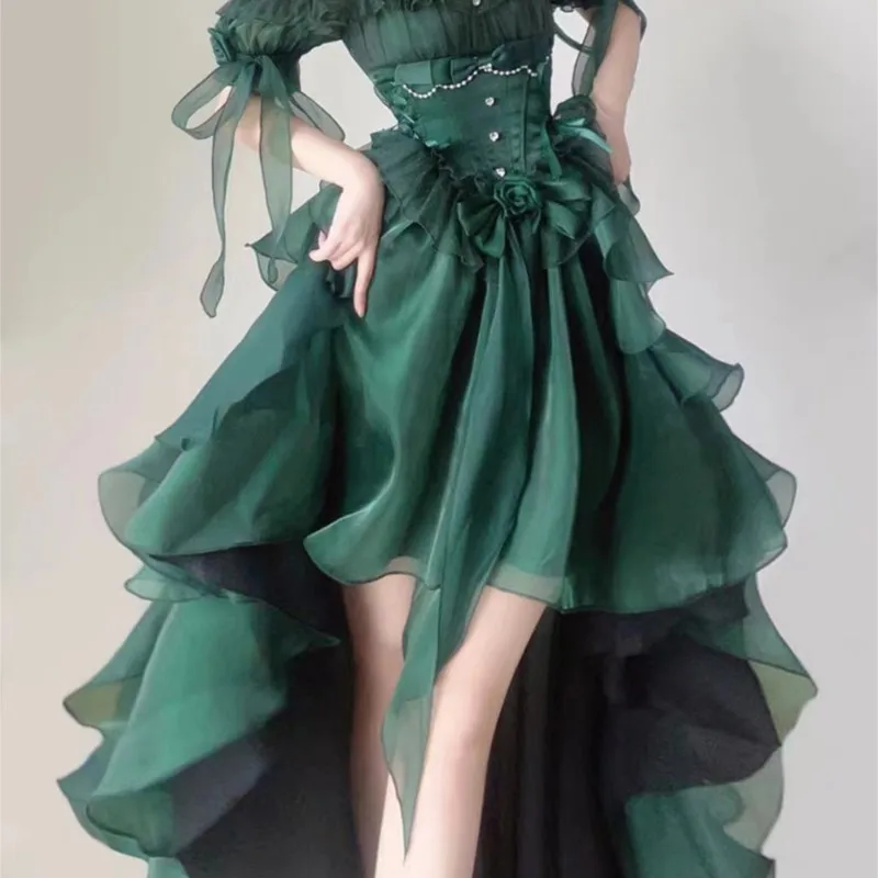 Green Flower Wedding Dress Heavy Industry Tail Pettiskirt