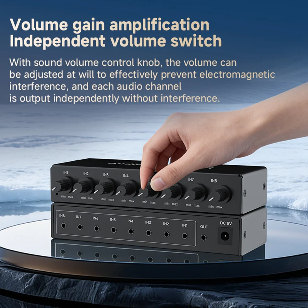 

ABUO-Selector AUX Input With Volume Control 8 In 1 Out Audio Mixer, 8 Ports 3.5Mm For Live Streaming For Recording