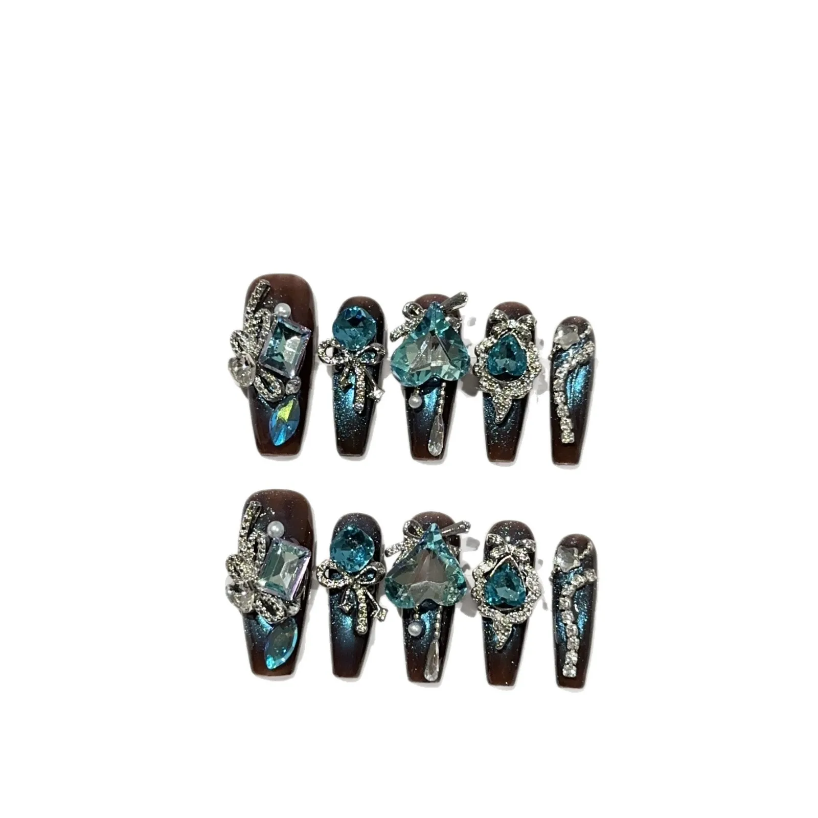 10 قطعة اليدوية الأزرق ثلاثية الأبعاد عين القط اضغط على الأظافر كامل الماس الأظافر وهمية الفاخرة بريق الأظافر كاذبة أنيقة الأوروبية ارتداء الدروع #4