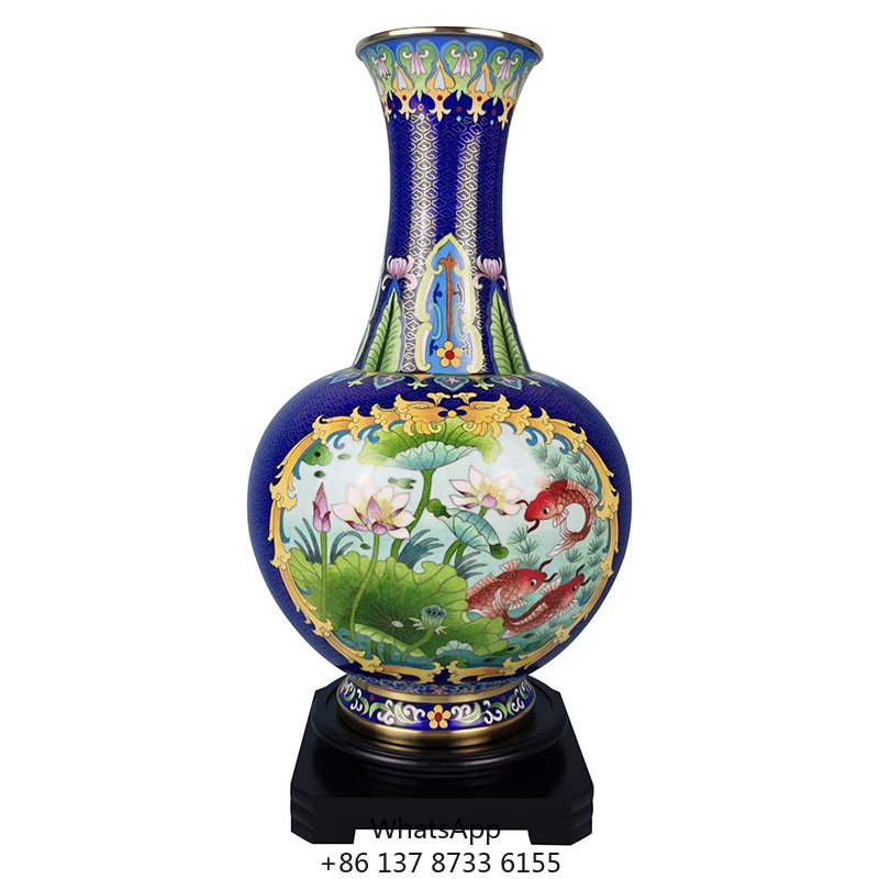 

Traditional Chinese Characteristics Enamel Handicraft Vase Unique Metal Home Decoration With Lotus Fish Pattern Novelty Gifts
