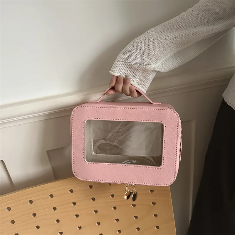 

Portable Travel Makeup Bag Women Clear Window PU Cosmetic Organizer Handheld Waterproof Toiletry Storage Pouch for Daily Use