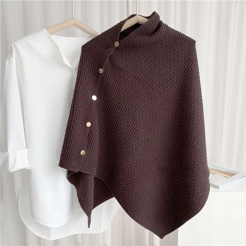 

New Autumn Winter Fashion Round Collar Irregular Poncho Women Single Breasted Capes Knit Shawl Loose-fitting Casual Cloak T277