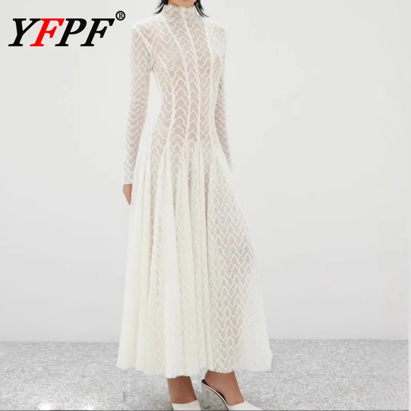 

YFPF Elegant Women Dress Lace Hollow Out Design Sleeveless High Waist Slim Evening Party Dresses Fashion 2025 New Clothing