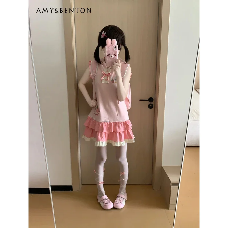 

25COSЯпонское милое платье с капюшоном и вышитыми кроличьими ушками в горошек, милое кавайное тонкое платье-пачка