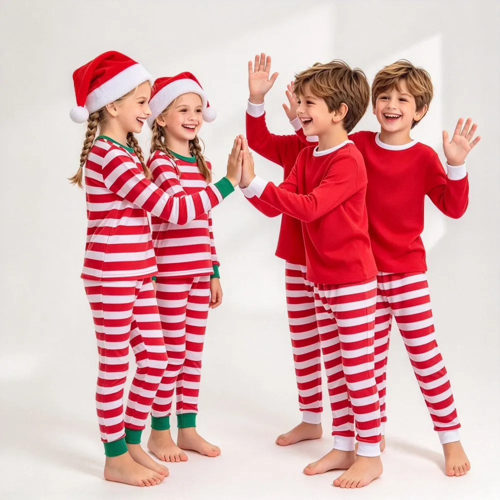 Kids Christmas Pajamas Set Boys Girls Red White Striped Sleepwear Children Xmas Long Sleeve Pjs Holiday Homewear Nightwear Gift