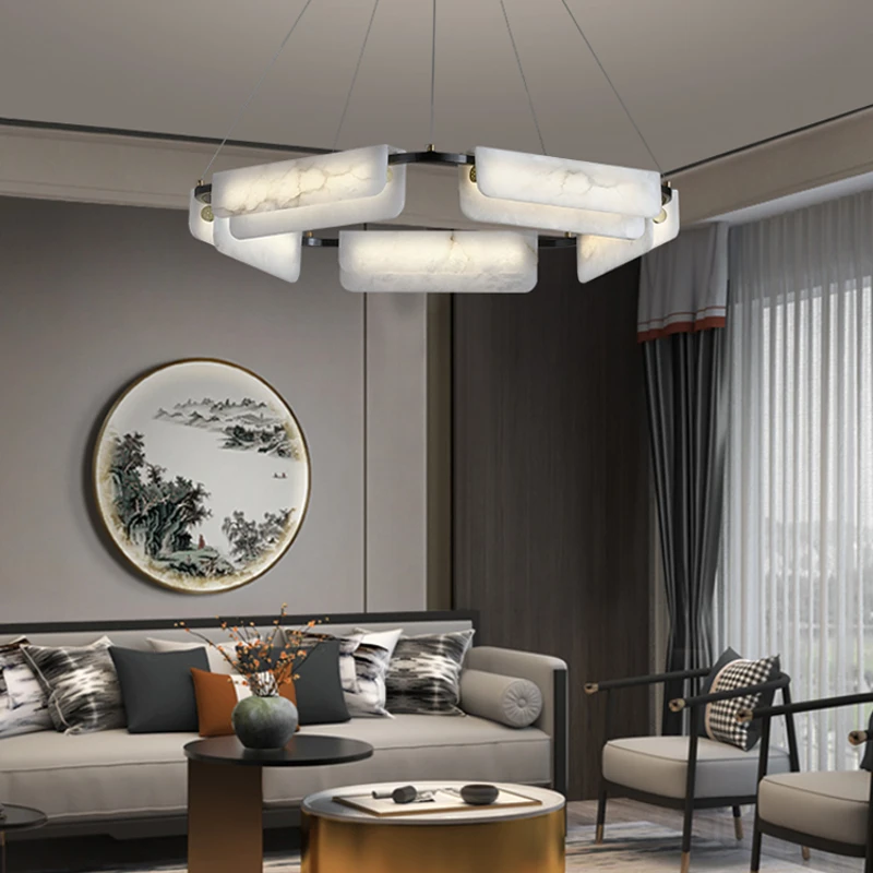 

Spanish Natural Marble Living Room Decoration with All Copper Lamps High End Black Lobby Master Bedroom Restaurant Chandelier