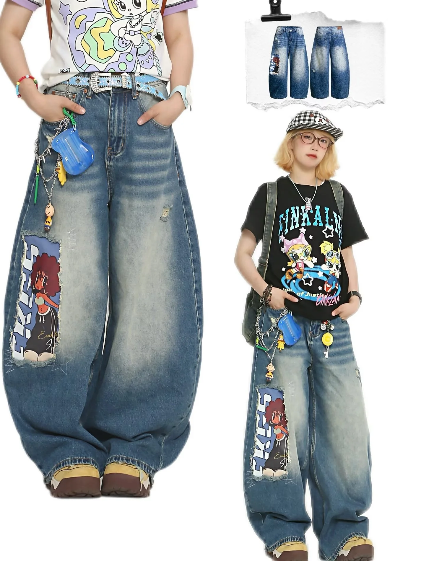 Korean Style Kawaii Cartoon Patch Washed Baggy Women's High-Waisted Jeans Y2K Harajuku Hip Hop Goth Casual Baggy Trousers 2025