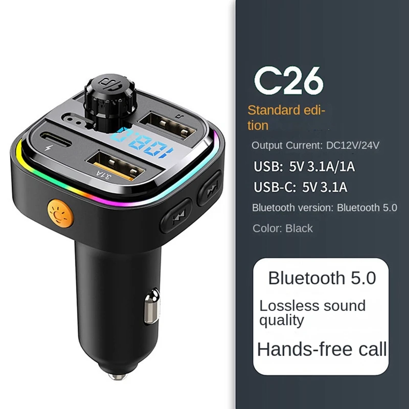 Bluetooth 5.0 FM Transmitter Car Radio Modulator MP3 Player With Colorful Atmosphere Breathing Light PD+USB Fast Charge Durable