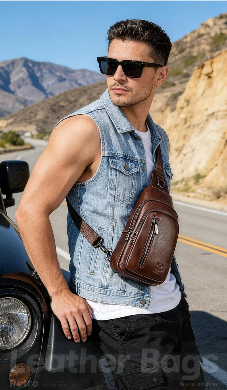 BULLCAPTAIN Brusttasche aus echtem Leder, große Kapazität, lässige Umhängetasche, multifunktionale Umhängetasche aus Leder der ersten Schicht – Detail 1
