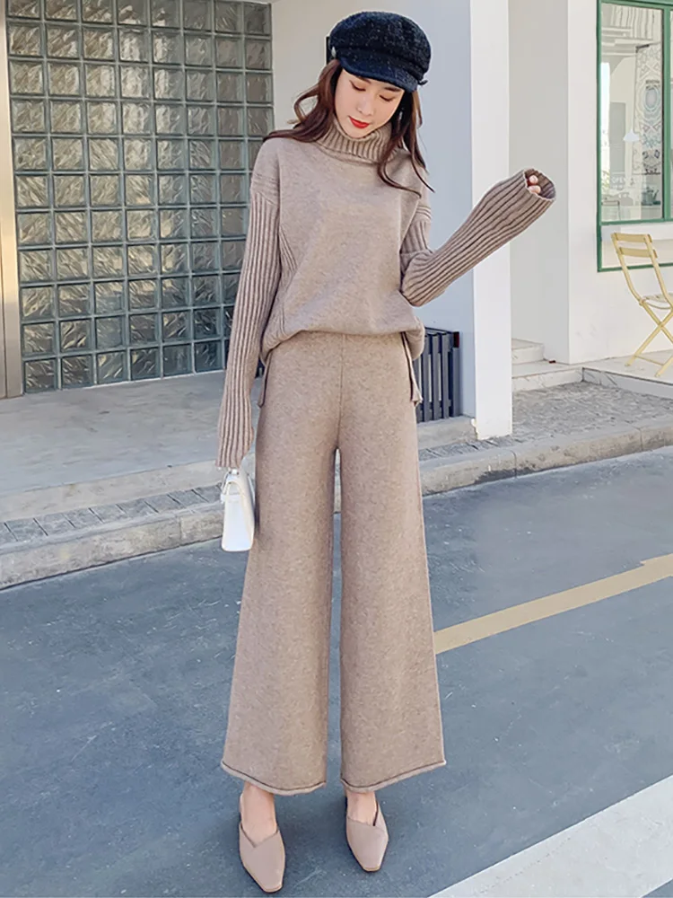 Croysier Turtleneck Sweater Pullover And High Waist Wide Leg Trousers Set For Women Casual Knit Pants Sets Womens Outfits 2023