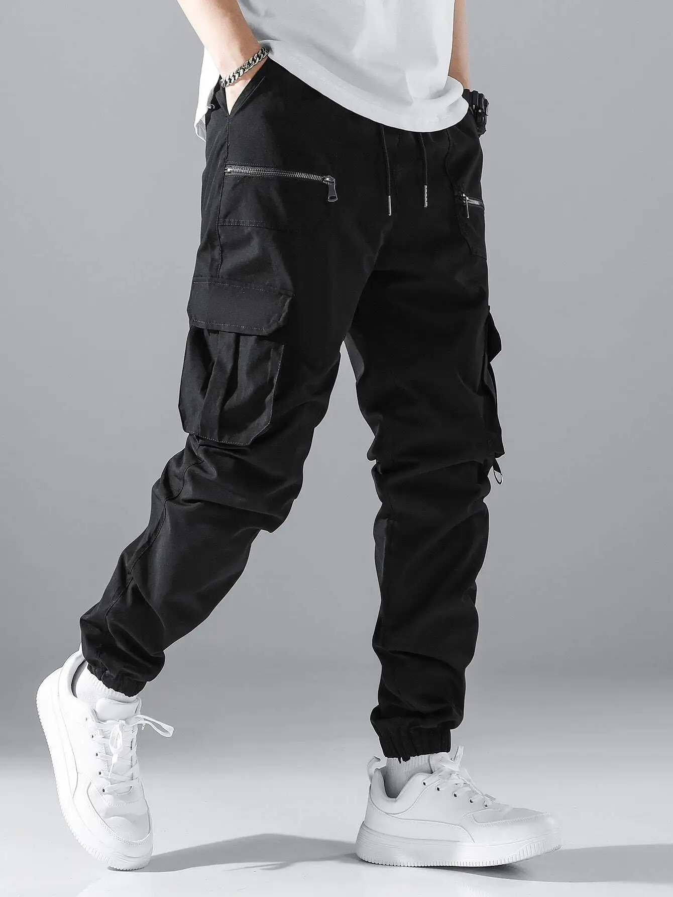 

Loose Fit Men's Cargo Pants with Zippered Pockets, Drawstring Waist, Black Jogger Style