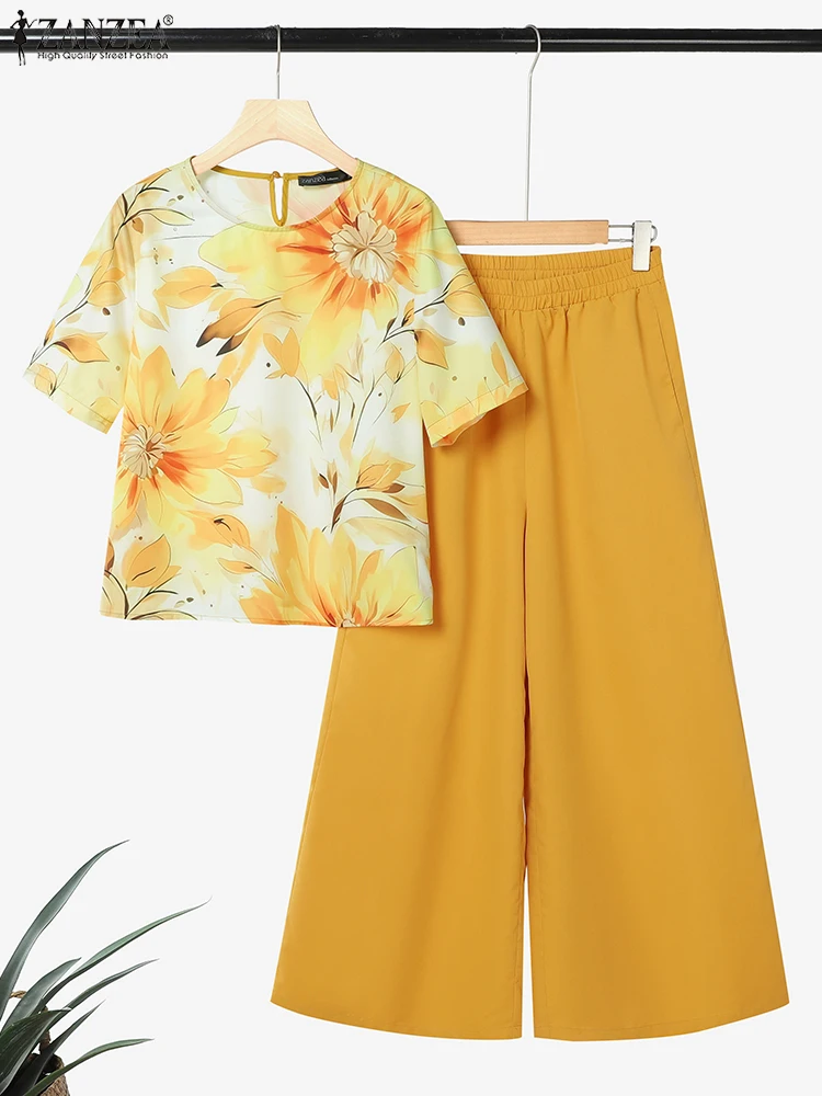 

ZANZEA Womens Floral Print Short Sleeve Blouses 2 Pieces Sets Casual Vacation Summer Wide Leg Pants Pant Sets 2pcs Outfits
