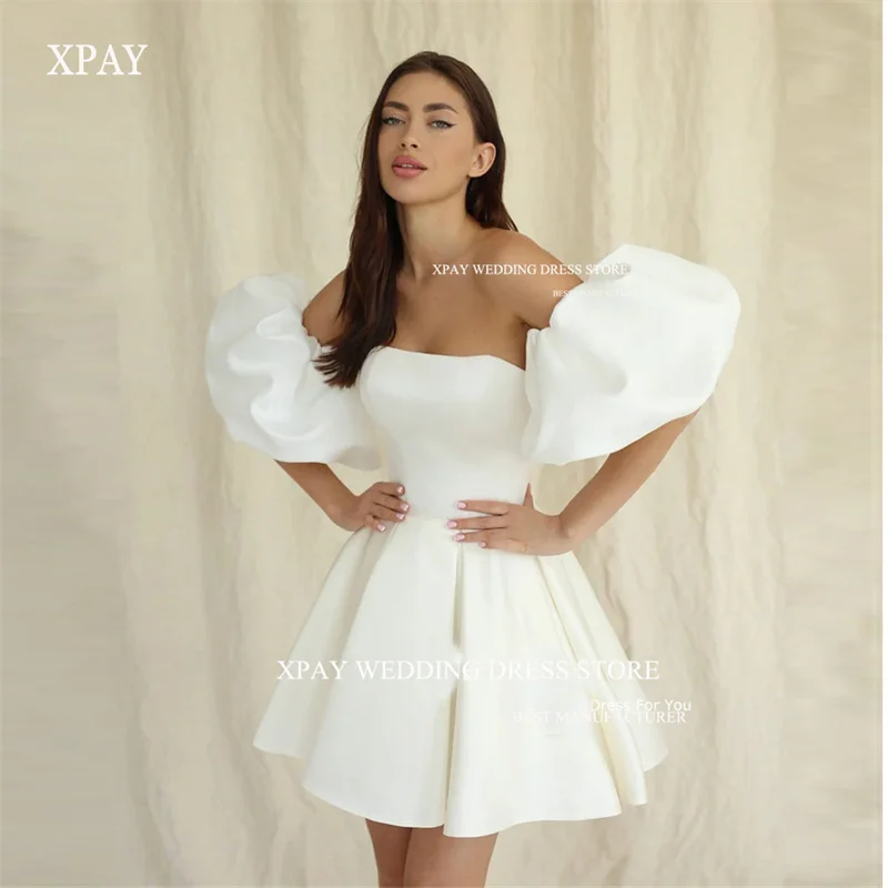 

XPAY Simple White Short Wedding Dresses Puff Short Sleeves Strapless Mini Sexy Bride Gowns Formal Party Dress Birthday Prom