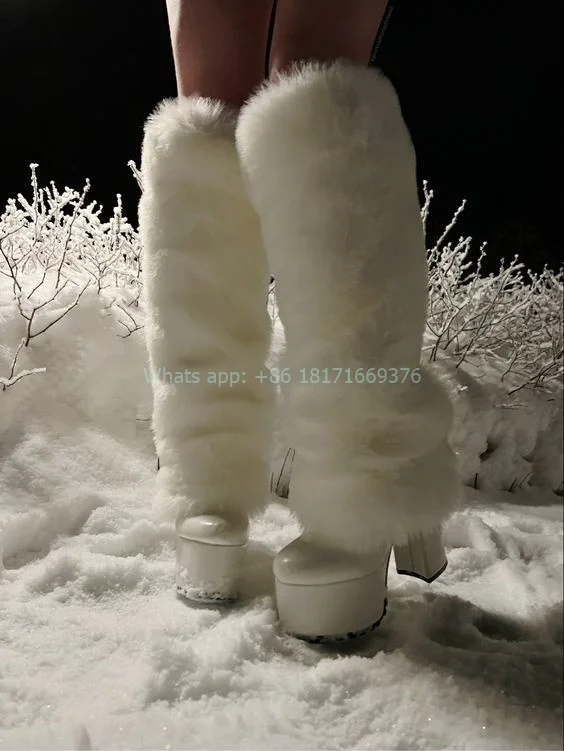 

Platform Sexy Fur Chunky High Heel White Boots Lady Round Toe Knee High Design Fluffy Boots Leather Women Fall Fashion Shoes