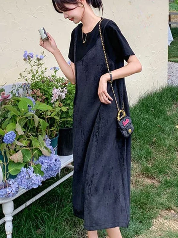 

plus Size Summer Dr Women's Loose ort Sve Splice Materni Hidden High Waist A-Line Korean Sle Commute Casual Dr