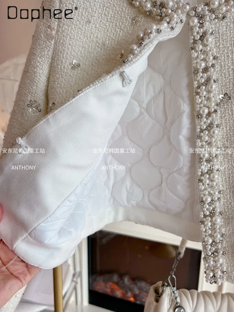 Winter Socialite Elegant Quilted Thickened Short Coat Women Heavy Beading Rhinestone Feather Patchwork Round Neck Tweed Coat