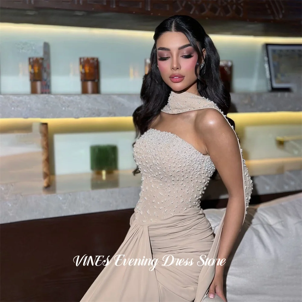 

VINES Beige Party Dresses with Pearl Embellished Bodice Evening Dresses Ruched Mermaid فساتين السهرة Customized
