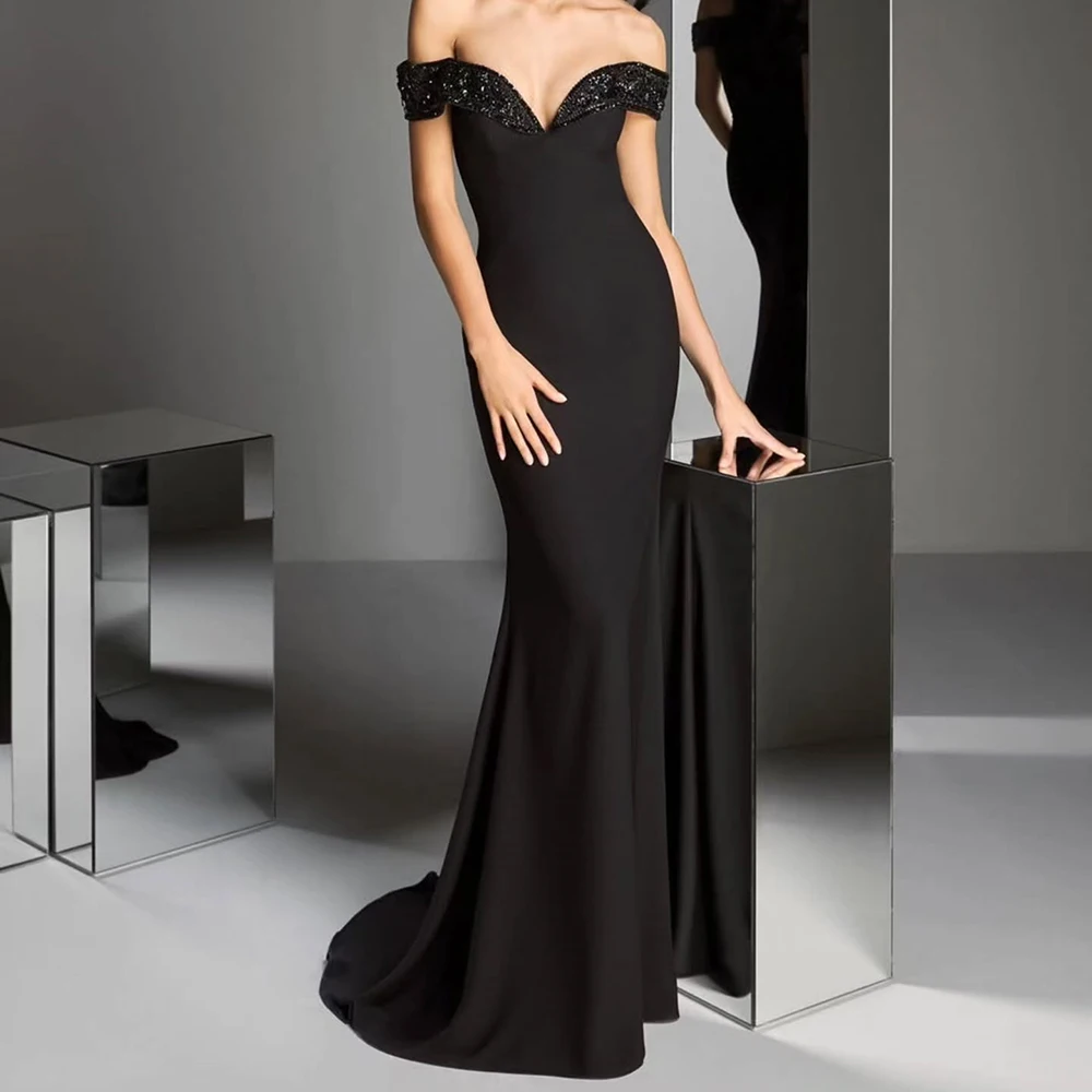 Robe de soirée sirène personnalisée, longueur au sol, épaules dénudées, sans manches, robe de bal, paillettes, Simple, drapée, à la mode