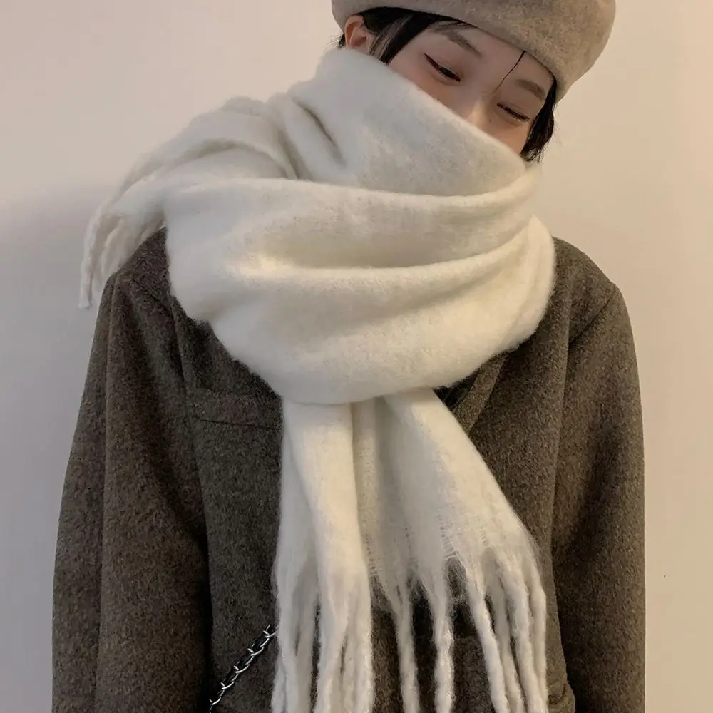 Solid Color Warm Long Tassel Scarves Winter Cashmere Scarf Mohair Thickened Wrap Shawls for Women Girls