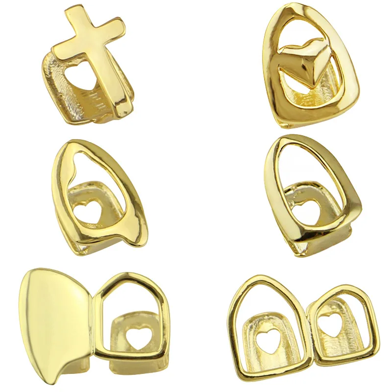 Single Hollow Heart Cross Metal Teeth Set, banhado a ouro 18K, adequado para homens e mulheres, grelhadores Hip Hop