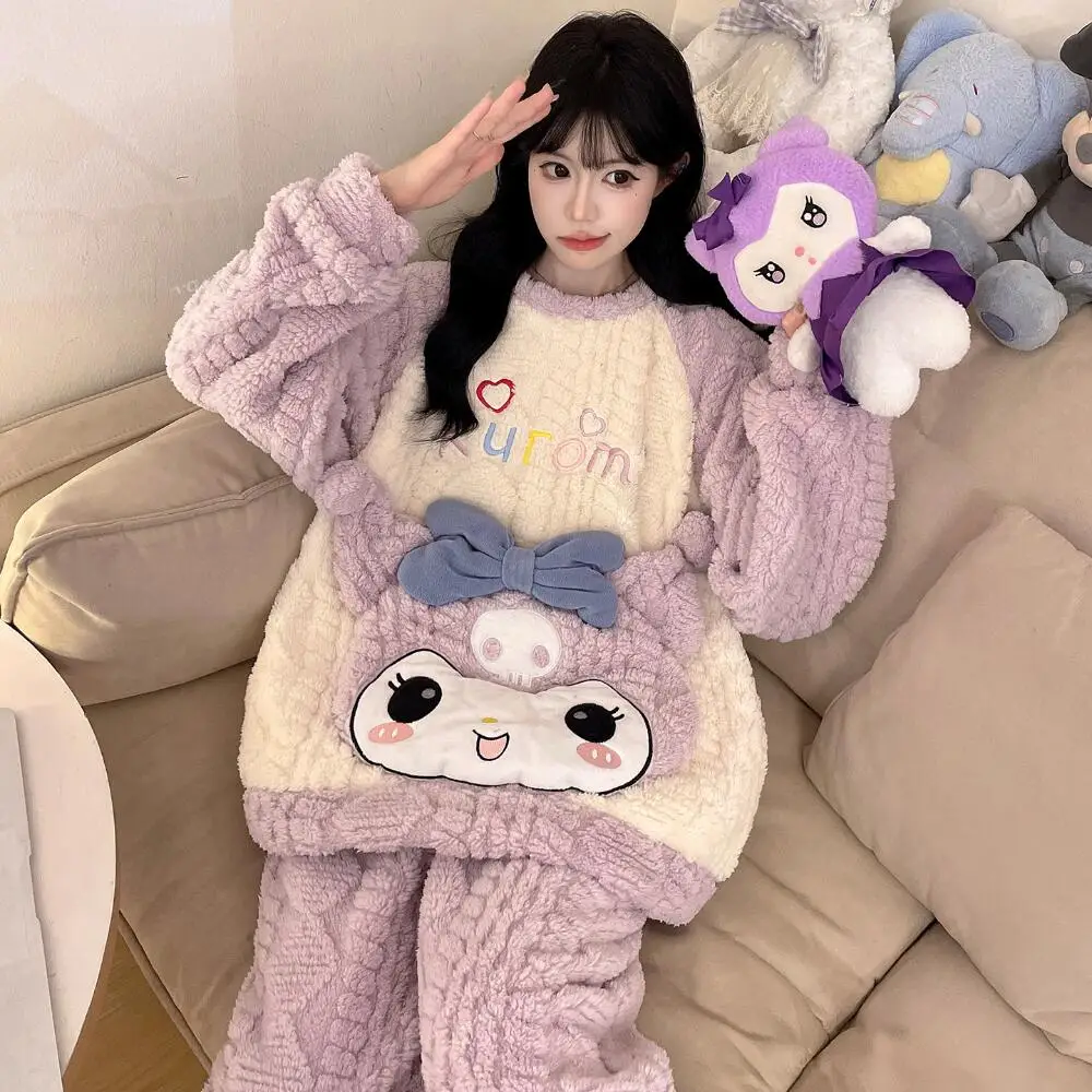 

Горячий Kawaii Hello Kitty женский теплый плюшевый пижамный комплект аниме Куроми милая осенне-зимняя утепленная домашняя одежда для девочек топы с героями мультфильмов брюки