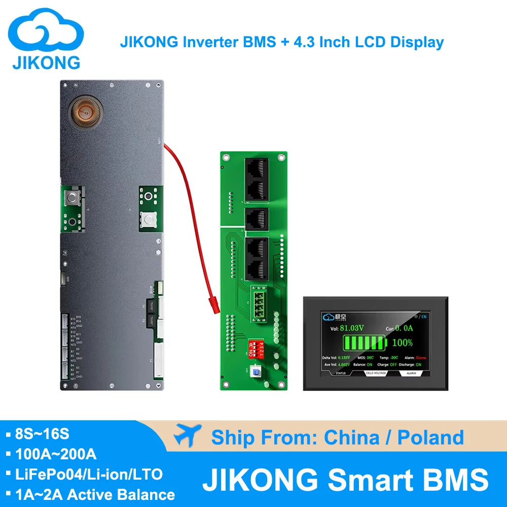 JIKONG-Onduleur Intelligent BMS avec Affichage de 4.3 Pouces, 8S-16S, VeFePo4, Eddie Ion LTO 100A 200A, Stockage d'Massage Familial, Équilibreur Actif, Pipeline l'autorisation