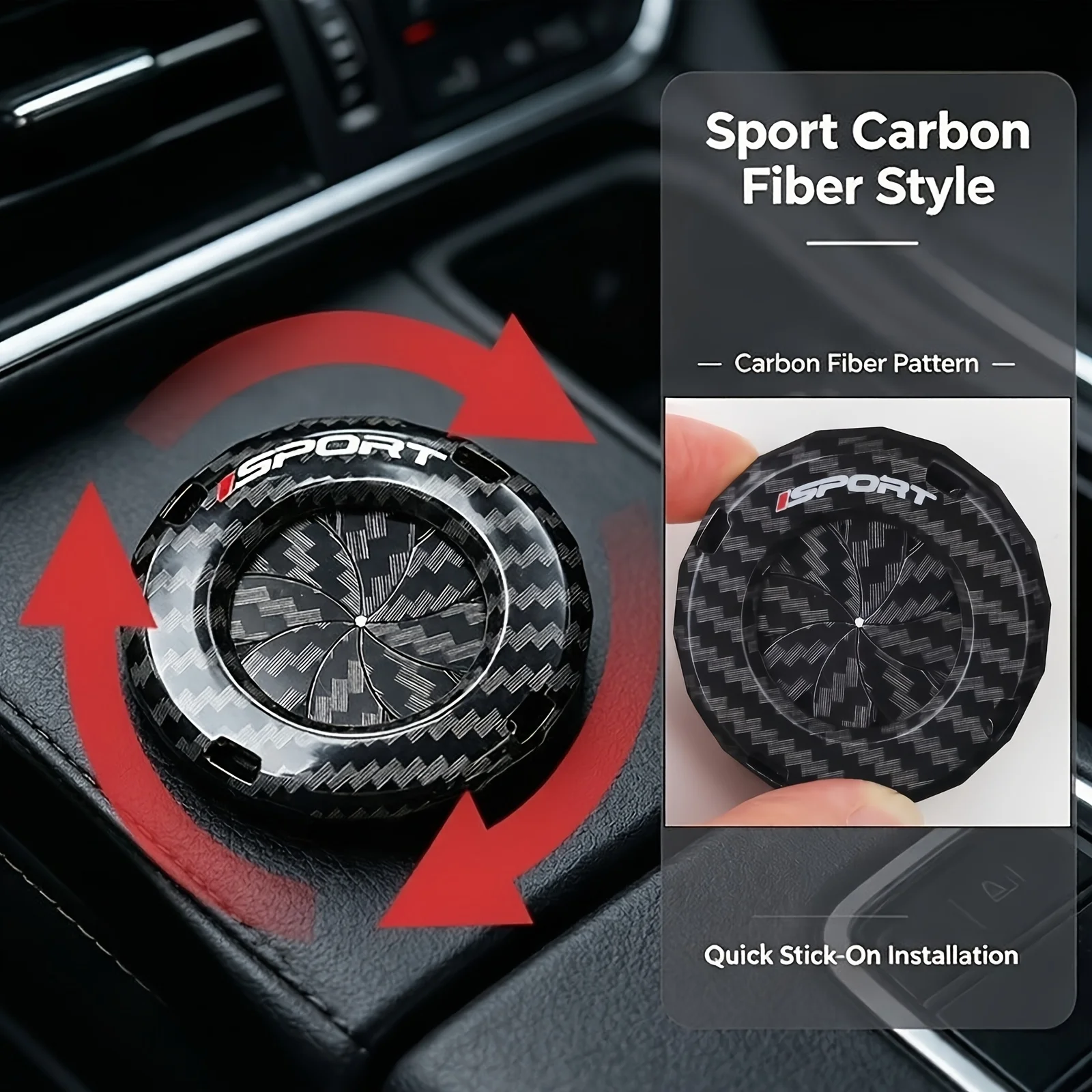Rotary One-Touch Start Button Cover — Carbon Fiber Texture — Sport-Style Ignition Switch Trim for Cars and Motorcycles