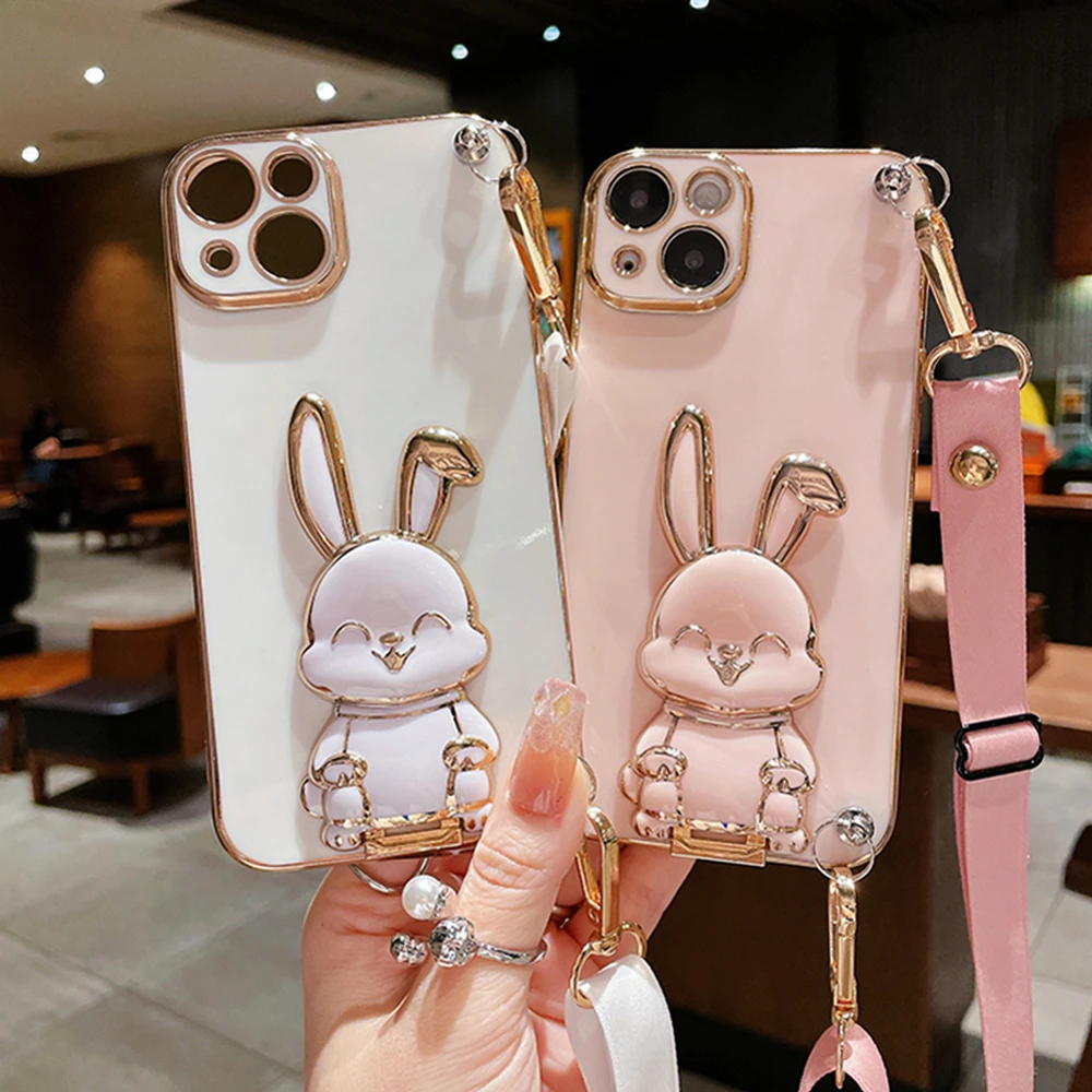 Rabbit Holder Plating Phone Bracket Case For Samsung Galaxy A51 A71 A31 A21S A31 A11 A10 A20 A30 Crossbody Lanyard Strap Cover