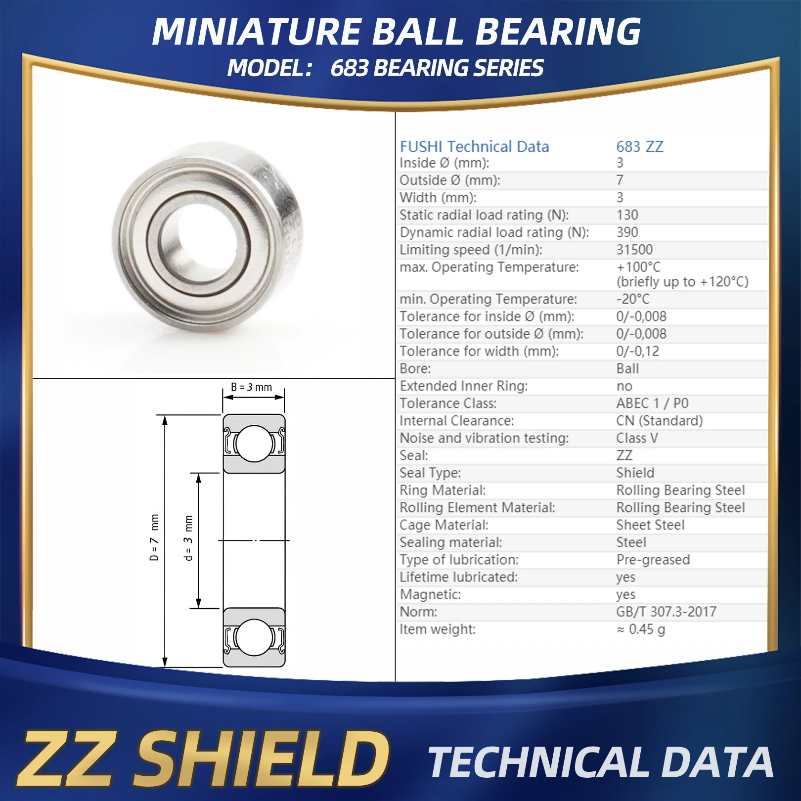 FUSHI 683 ZZ ベアリング 3x7x3 ミリメートル 10 個 683ZZ RS 2RS フランジハンドピースベアリング強力な産業用モーター高速