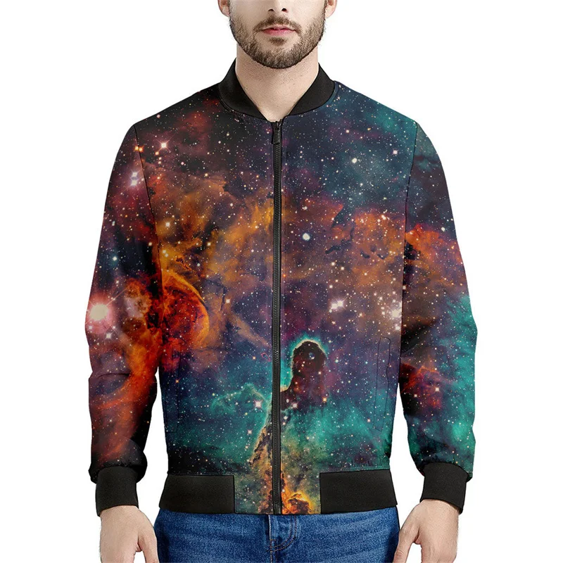 Colorful Universe Pattern Zipper Jacket For Men Galaxy Space 3D Printed Coat Casual Loose Tops Jackets Streetwear Long Sleeves