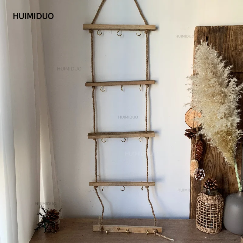 Trade Export Old Wood Five-layer Retro Old Wooden Stick Wall Hanging Flower Stand Pastoral Hemp Rope Garden Groceries