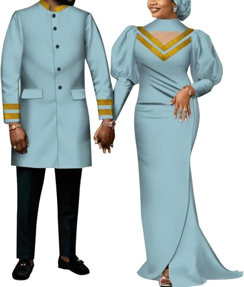 

African Traditional Wedding Clothes for Couple Ankara Fashion Dashiki Women Maxi Long Dresses and Men African Blazer Coat WQY713