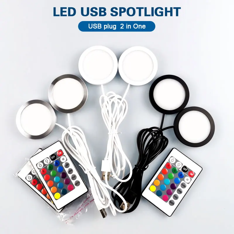 Faretto LED USB 5W 3W DC5V RGB con telecomando per armadietto dei gioielli Vetrina Lampada da banco Mini spot da soffitto Spina USB 2 in uno