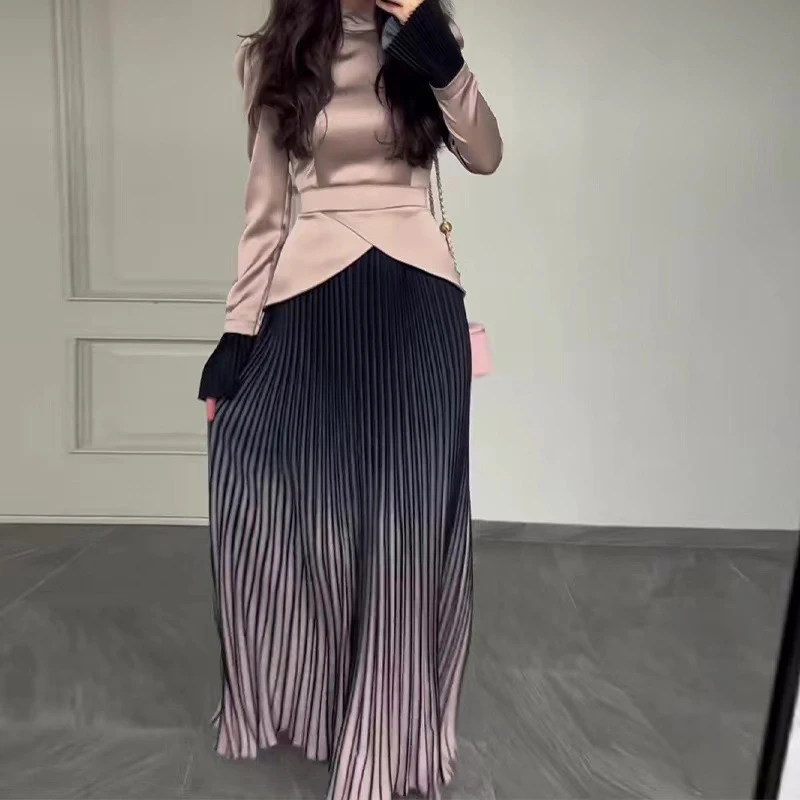 Fashion Tie-up Waist Draped Long Dress Elegant Contrast Patchwork Satin Evening Dress Women Causal Long Sleeve Solid Party Dress