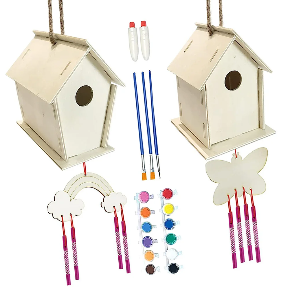 1Set Vogelhaus Windspiel Kit Kreative DIY Bauen Farbe Vogelhäuser Kinder Handwerk Holz Kunst Kits Kinder Handwerk Windspiel Kit