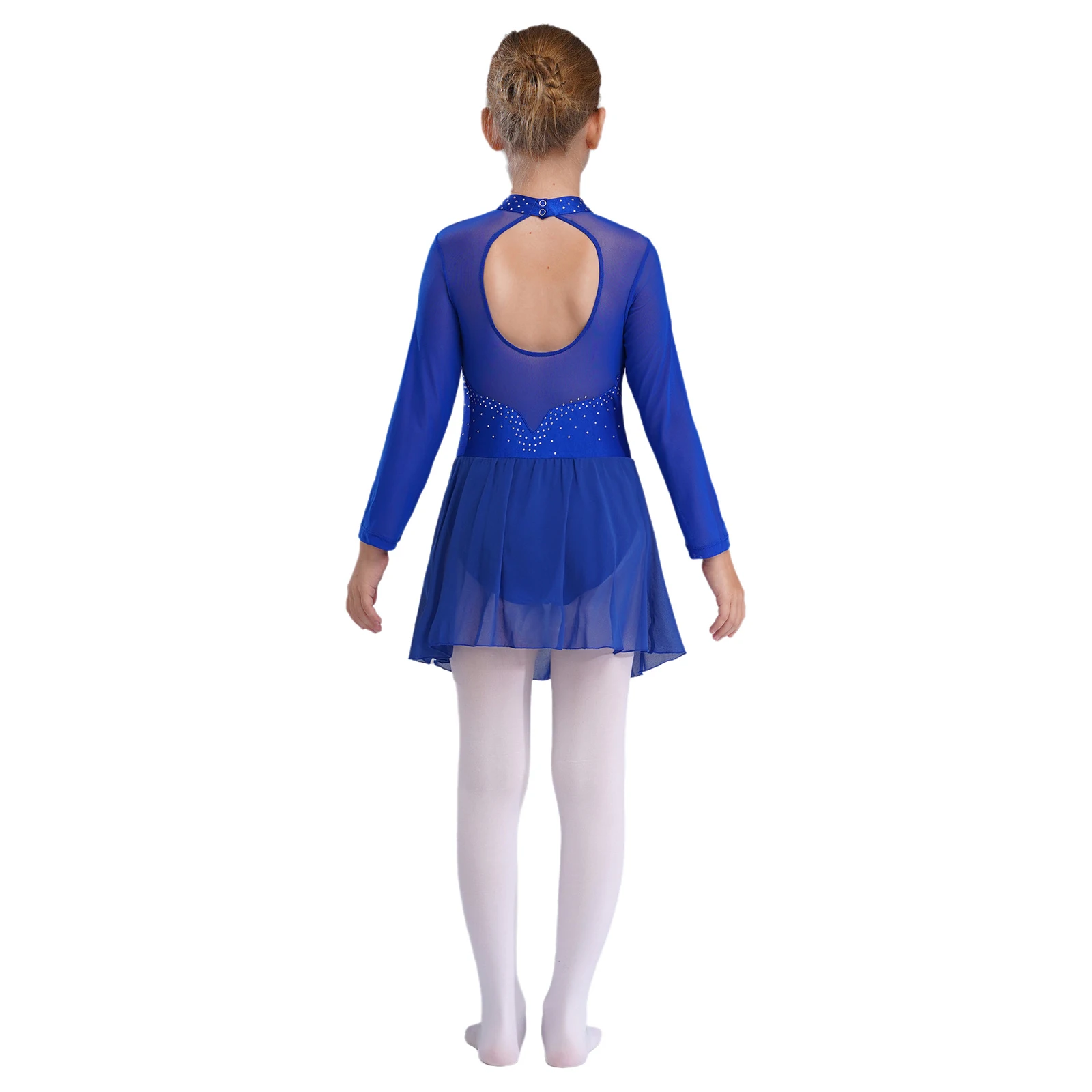 เด็กหญิง Rhinestones เงายิมนาสติกบัลเล่ต์ Jersey Leotards สเก็ตเครื่องแต่งกาย Sheer ตาข่าย Lyrical Dance Leotard ชุด