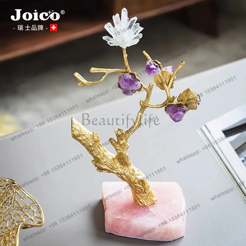 Ornament light luxury creative fortune peach blossom yaoyao pure copper powder spar living room office decoration