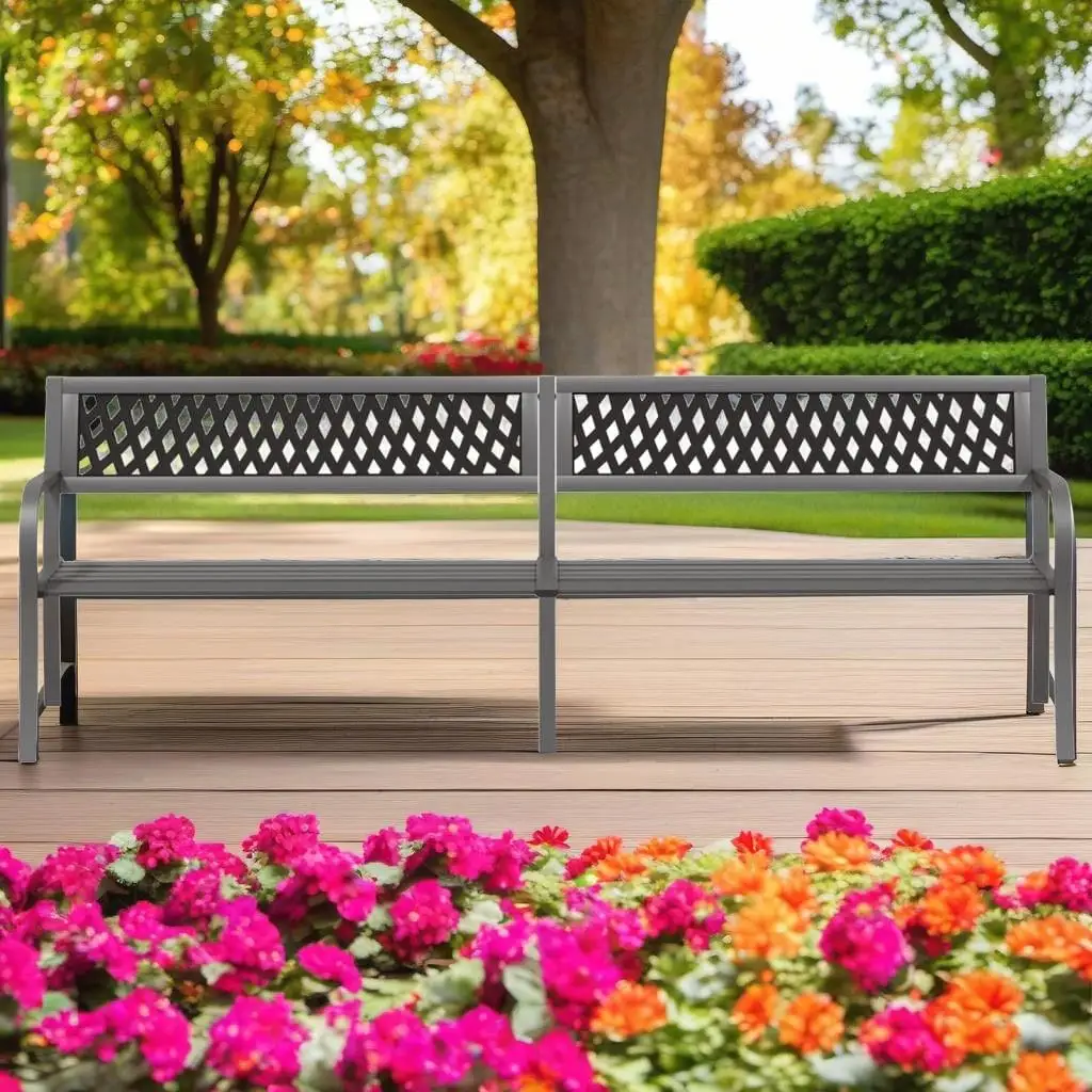 Modern Gray Steel Twin Patio Bench 96.9” - Stylish Outdoor Seating for Garden & Patio