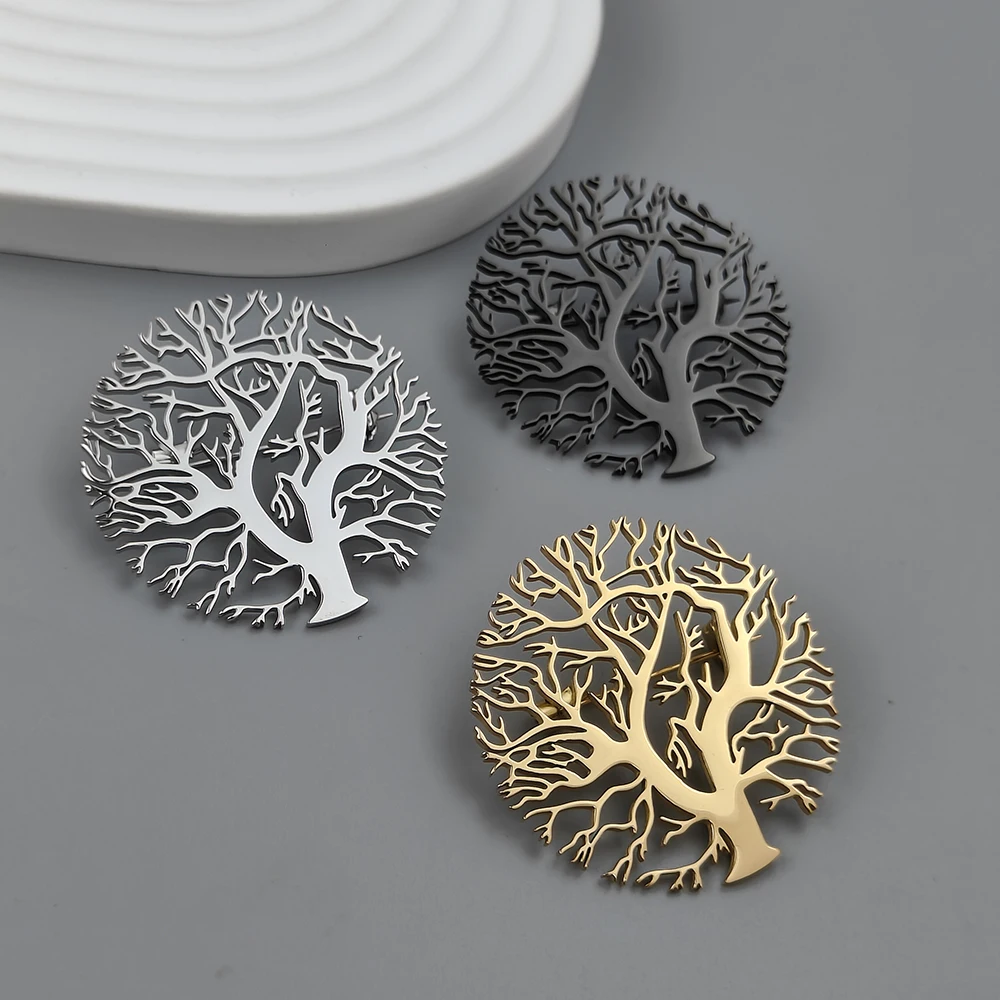 New round tree of life gold-plated stainless steel brooch, men\'s suit pin black, high quality father husband gift set